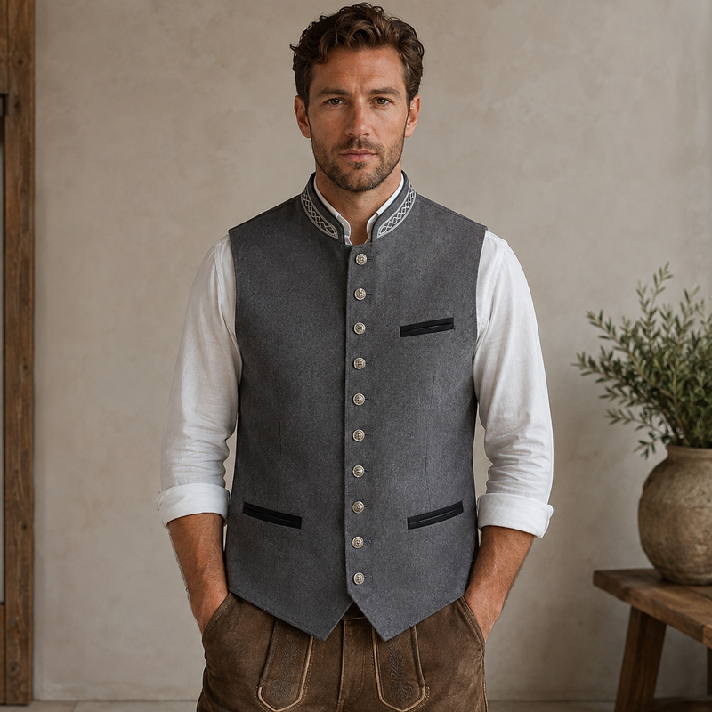 Grey Men's Vest in Bavarian Style with Buttons