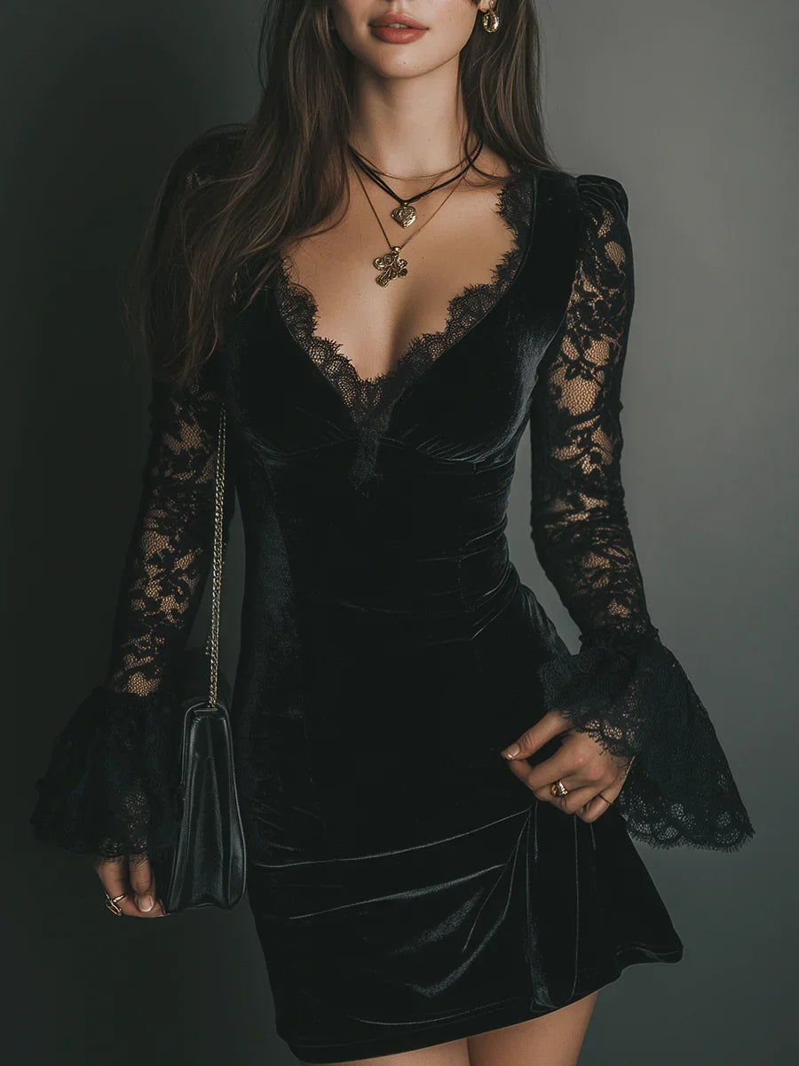 Women's Cocktail Dress | Mini Black Velvet Lace Long Sleeve