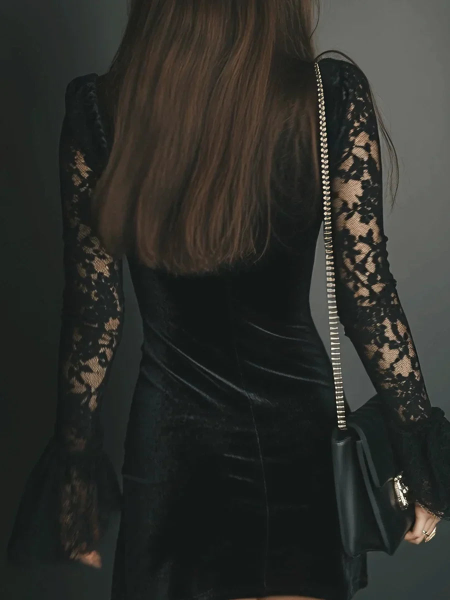 Women's Cocktail Dress | Mini Black Velvet Lace Long Sleeve
