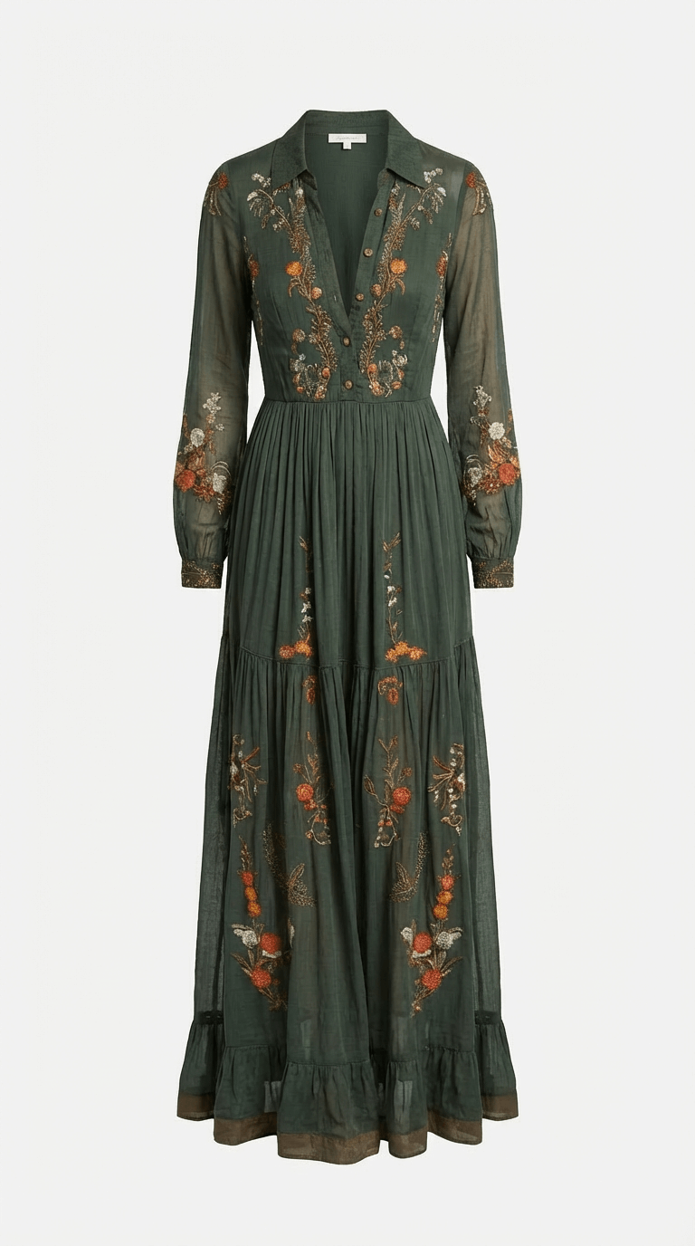 Women's Maxi Boho Dress Floral Detail Long Sleeves Tiered Skirt