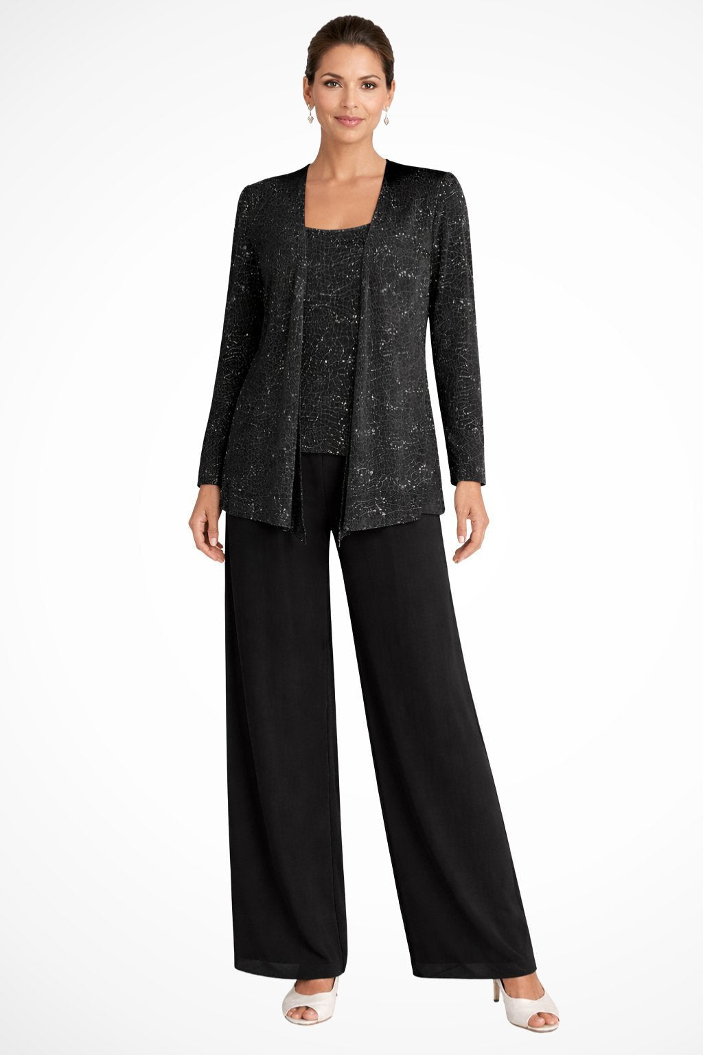 Women's Sequined Three-Piece Wide Leg Pants Suit Long Sleeve