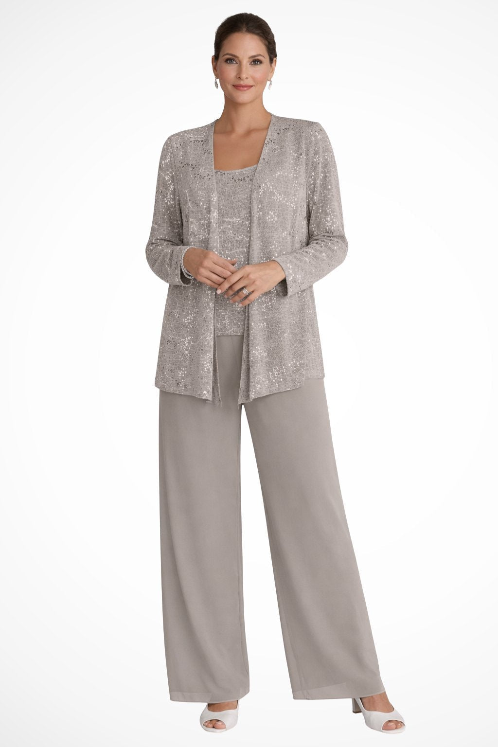 Women's Sequined Three-Piece Wide Leg Pants Suit Long Sleeve