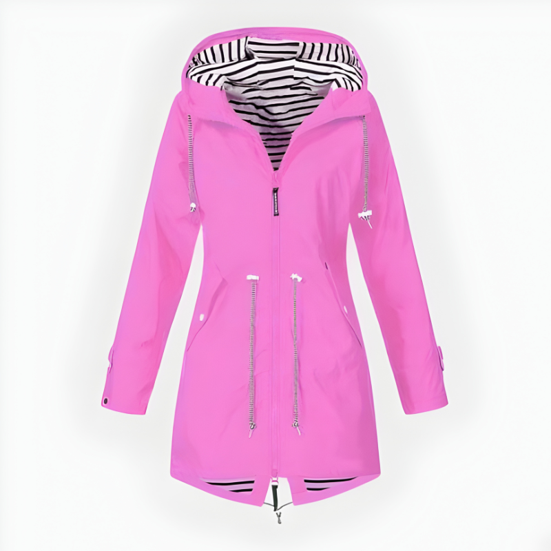 Women's Waterproof Rain Jacket with Drawstring Hood and Striped Lining