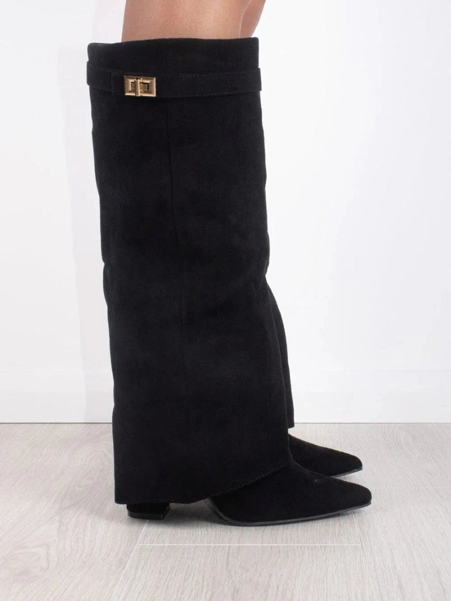 Elegant Women's Suede Boots with Golden Accents